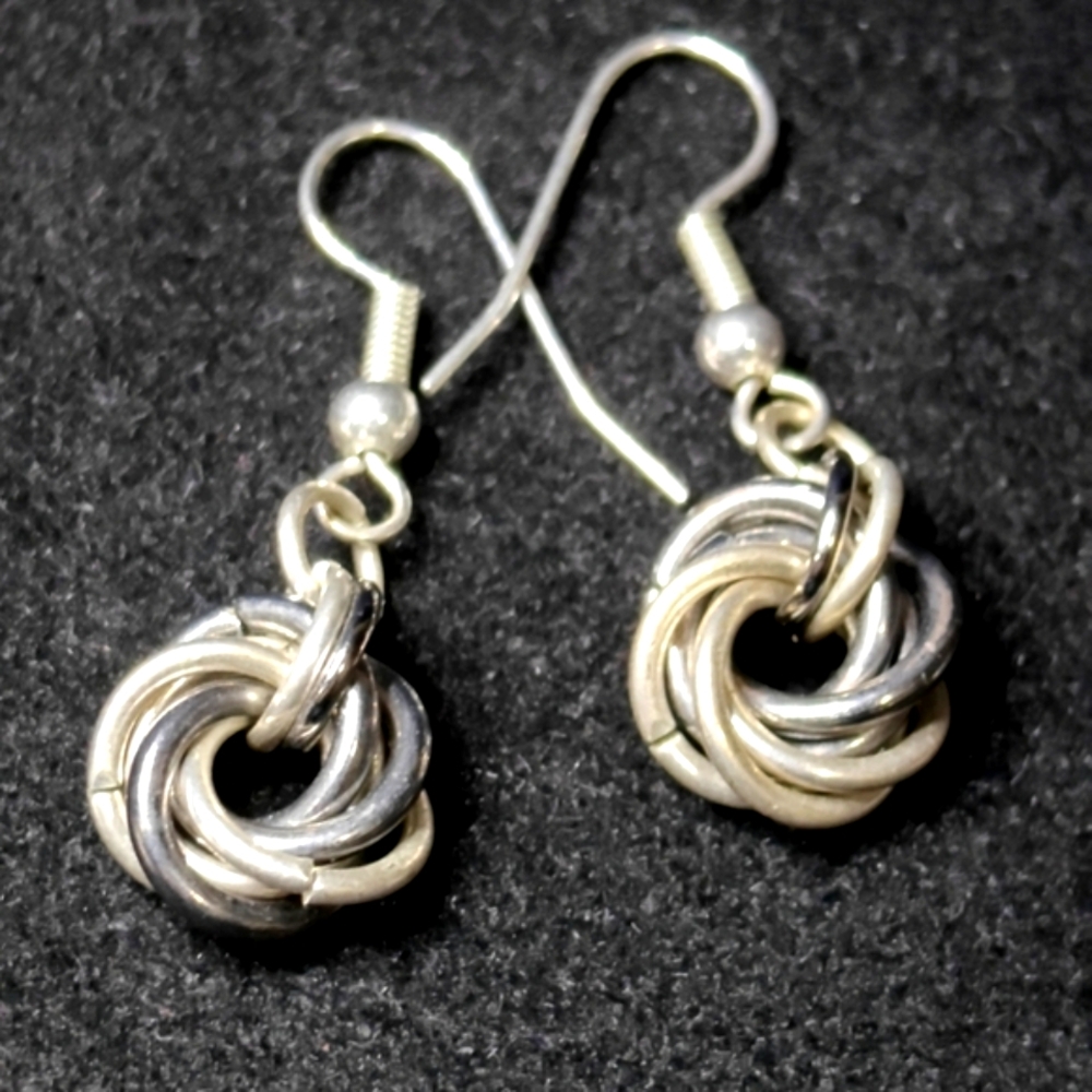 Two-tone Drop earrings -  knot loop design- Handmade gunmetal and silver